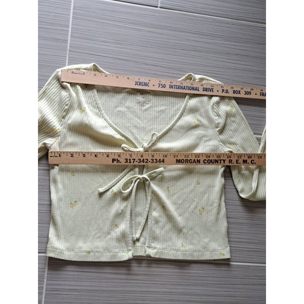 Y2K Arizona Lemon Print Ribbed Long Sleeve Double Tie-Front Cropped Top Shirt M - Picture 8 of 9